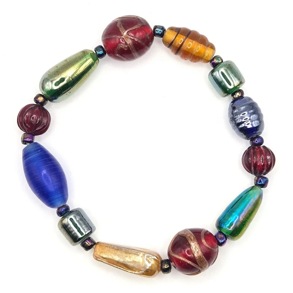 Handmade Lampwork Flower and‎ Art Glass Bead Stretch Bracelet Set Multicolored
